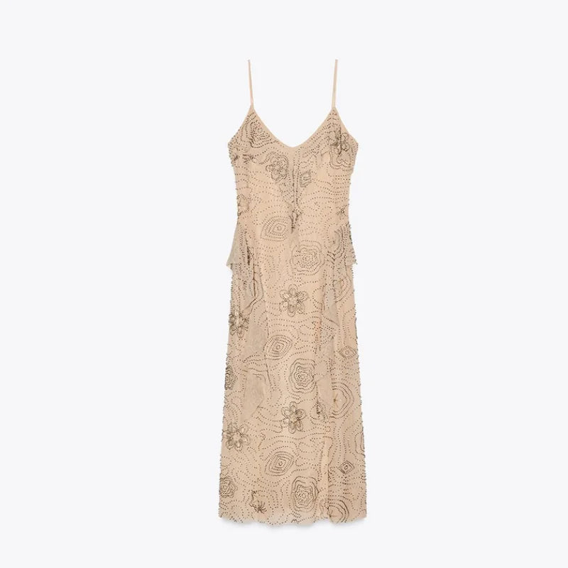 Pink sleeveless bead embroidery sequin ruffle women’s backless dress by SHOPEZRA L.L.C. for summer parties and evening events.