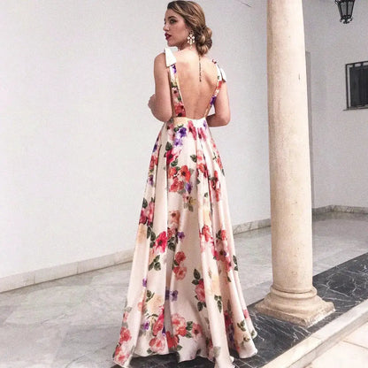 Boho Style Long Dress Beach Holiday Dress Halter Maxi Print Slip Dress Summer Women&