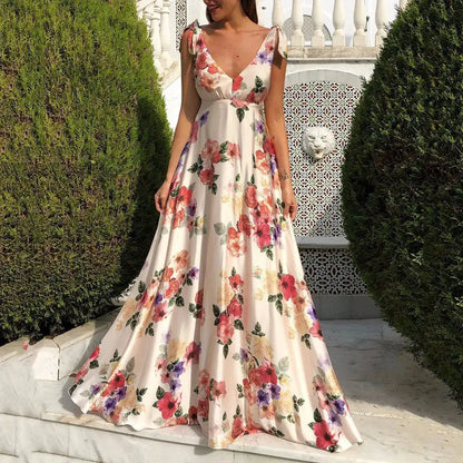 Boho Style Long Dress Beach Holiday Dress Halter Maxi Print Slip Dress Summer Women&