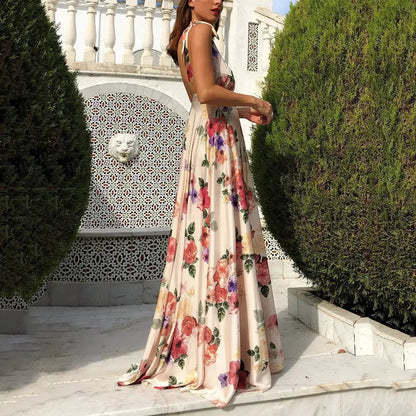 Boho Style Long Dress Beach Holiday Dress Halter Maxi Print Slip Dress Summer Women&