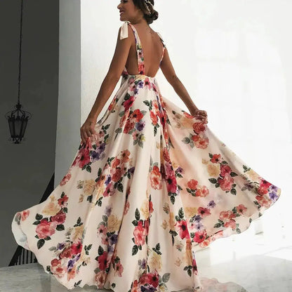 Boho Style Long Dress Beach Holiday Dress Halter Maxi Print Slip Dress Summer Women&