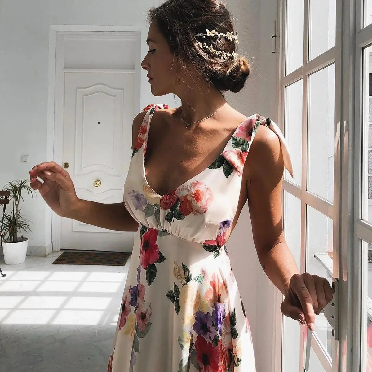 Pink boho-style long beach holiday dress by SHOPEZRA L.L.C., halter maxi slip dress with floral print for summer women.