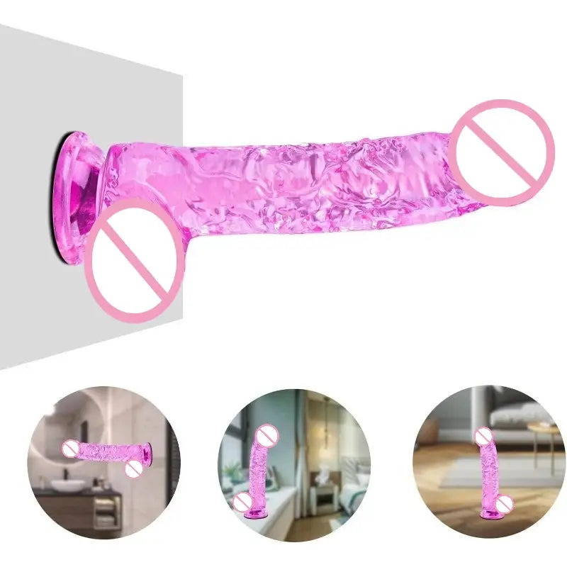 Realistic pink dildo with curved shaft, suction cup base, balls, and G-spot tip, designed for adult pleasure and anal use.