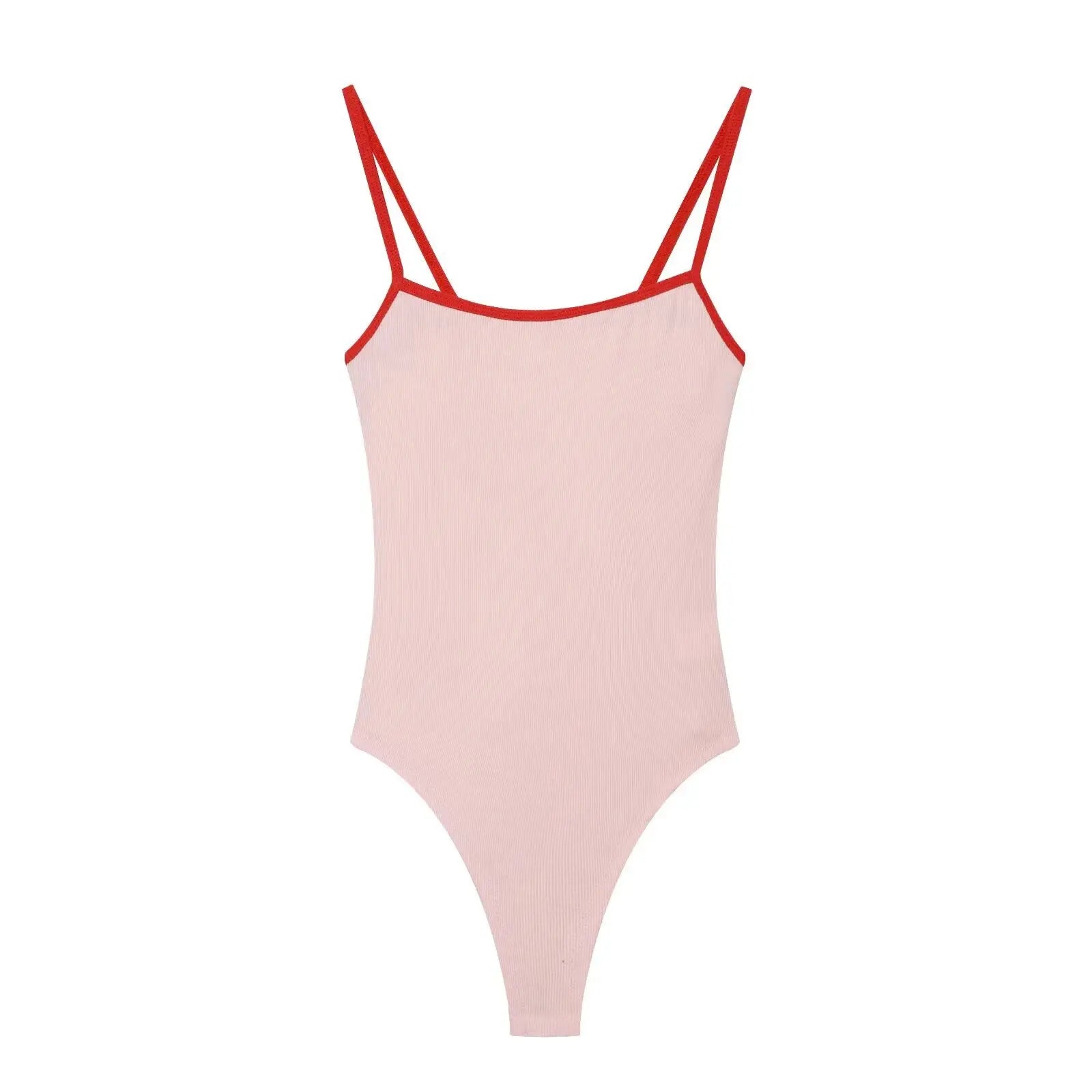 Pink women's jumpsuit with round neckline, contrasting color edge details, bottom strap, stylish summer outfit by SHOPEZRA L.L.C.