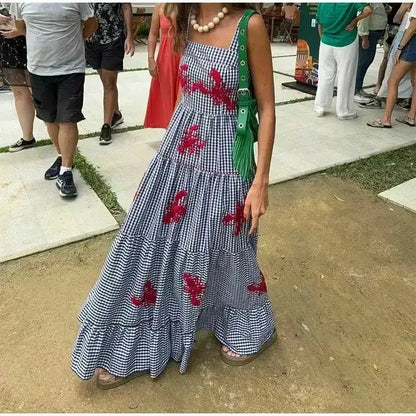 HXAO Embroidery Plaid Long Dresses Women Sleeveless Slip Midi Dress Woman Pleated Backless Beach Dress Vintage Summer Dress by Dropshipman