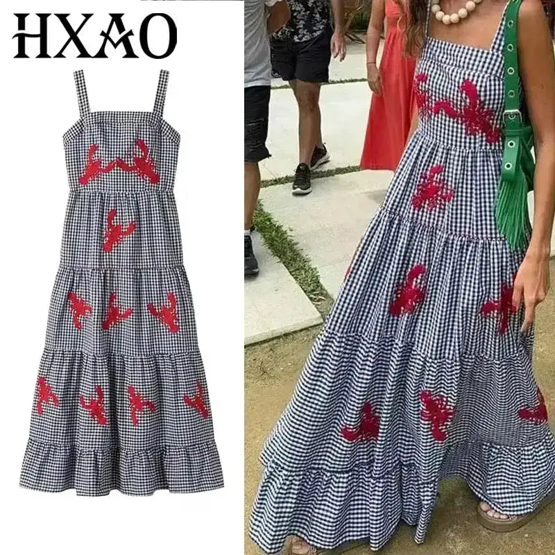 HXAO Embroidery Plaid Long Dresses Women Sleeveless Slip Midi Dress Woman Pleated Backless Beach Dress Vintage Summer Dress by Dropshipman