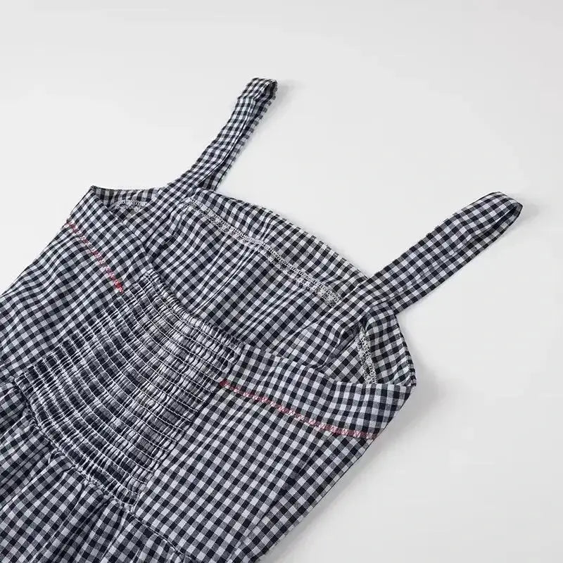 HXAO Embroidery Plaid Long Dresses Women Sleeveless Slip Midi Dress Woman Pleated Backless Beach Dress Vintage Summer Dress by Dropshipman