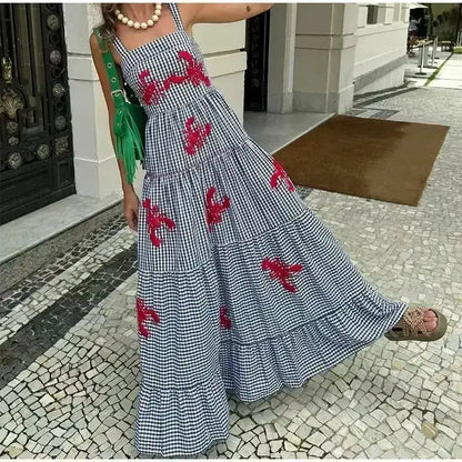 HXAO Embroidery Plaid Long Dresses Women Sleeveless Slip Midi Dress Woman Pleated Backless Beach Dress Vintage Summer Dress by Dropshipman