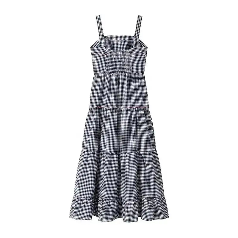 HXAO Embroidery Plaid Long Dresses Women Sleeveless Slip Midi Dress Woman Pleated Backless Beach Dress Vintage Summer Dress by Dropshipman