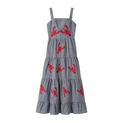 HXAO Embroidery Plaid Long Dresses Women Sleeveless Slip Midi Dress Woman Pleated Backless Beach Dress Vintage Summer Dress by Dropshipman