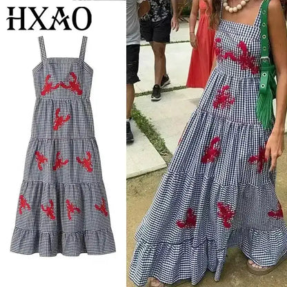 HXAO Embroidery Plaid Long Dresses Women Sleeveless Slip Midi Dress Woman Pleated Backless Beach Dress Vintage Summer Dress by Dropshipman