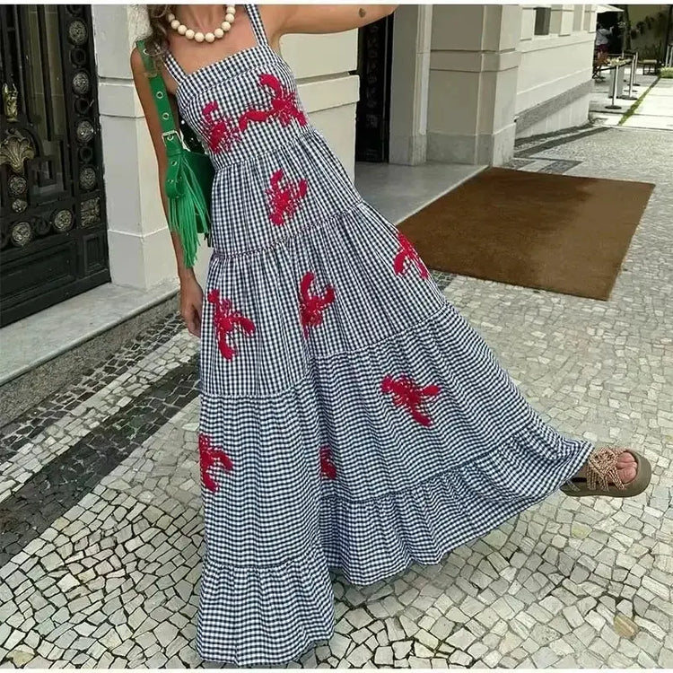 HXAO Embroidery Plaid Long Dresses Women Sleeveless Slip Midi Dress Woman Pleated Backless Beach Dress Vintage Summer Dress SHOPEZRA L.L.C.
