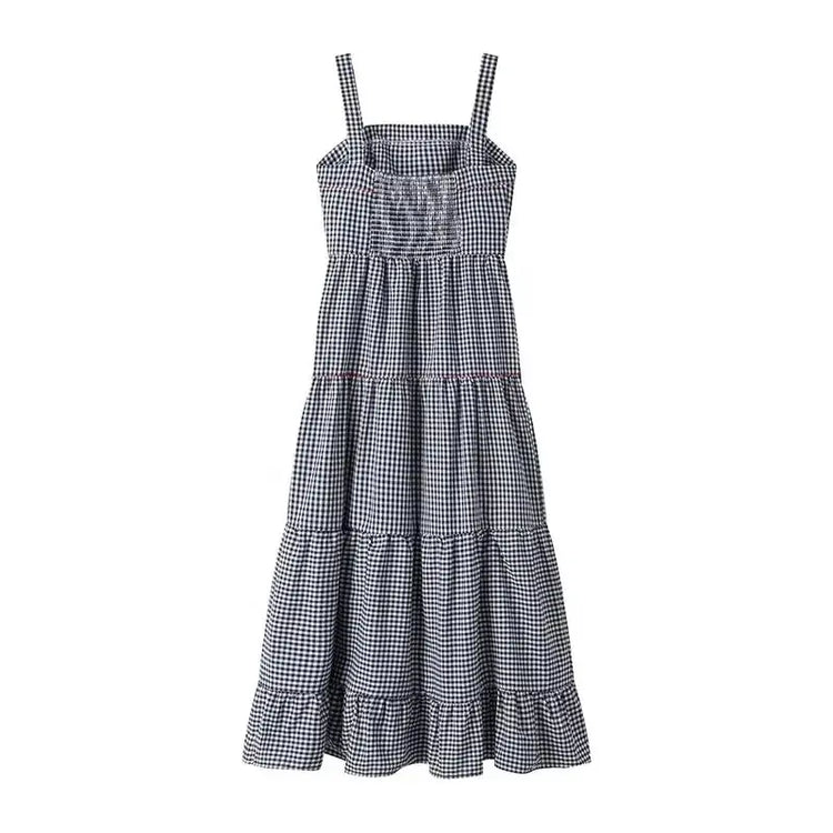 HXAO Embroidery Plaid Long Dresses Women Sleeveless Slip Midi Dress Woman Pleated Backless Beach Dress Vintage Summer Dress SHOPEZRA L.L.C.
