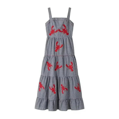 HXAO Embroidery Plaid Long Dresses Women Sleeveless Slip Midi Dress Woman Pleated Backless Beach Dress Vintage Summer Dress SHOPEZRA L.L.C.