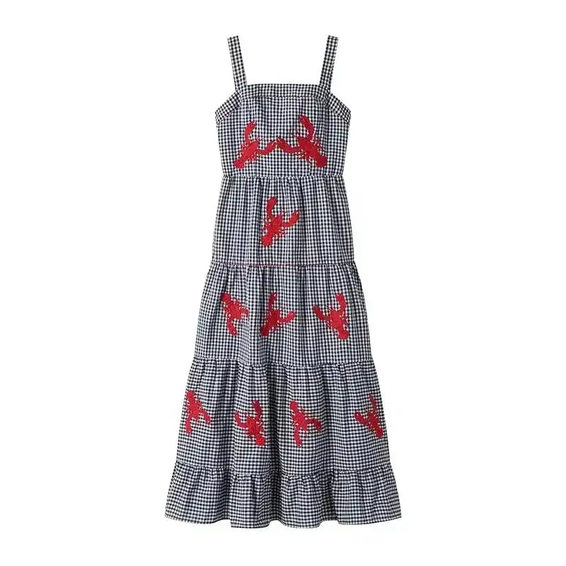 HXAO Embroidery Plaid Long Dresses Women Sleeveless Slip Midi Dress Woman Pleated Backless Beach Dress Vintage Summer Dress by Dropshipman
