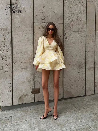 Elegant Floral Printed Waist-cinched Mini Dress Women Pleated Deep V-neck Long Sleeve Button-front Dresses Fashion Party Robe by Dropshipman