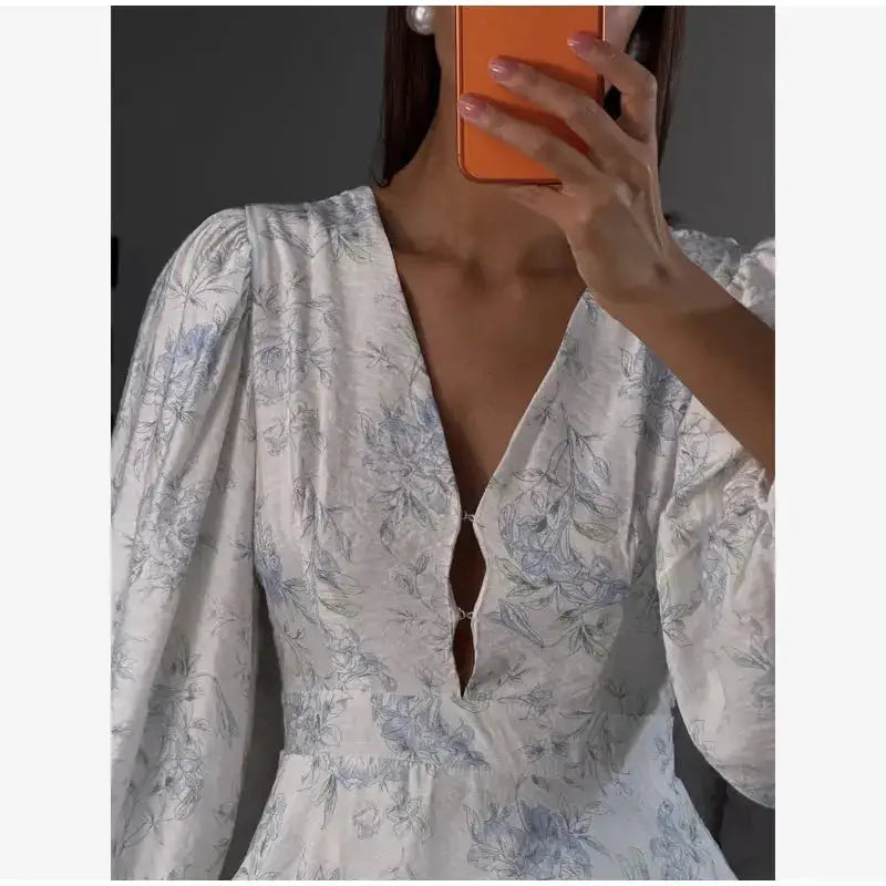 Elegant Floral Printed Waist-cinched Mini Dress Women Pleated Deep V-neck Long Sleeve Button-front Dresses Fashion Party Robe by Dropshipman