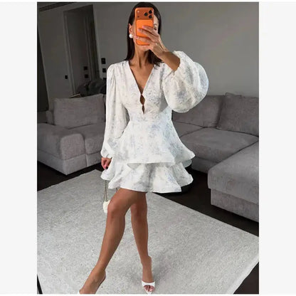 Elegant Floral Printed Waist-cinched Mini Dress Women Pleated Deep V-neck Long Sleeve Button-front Dresses Fashion Party Robe by Dropshipman