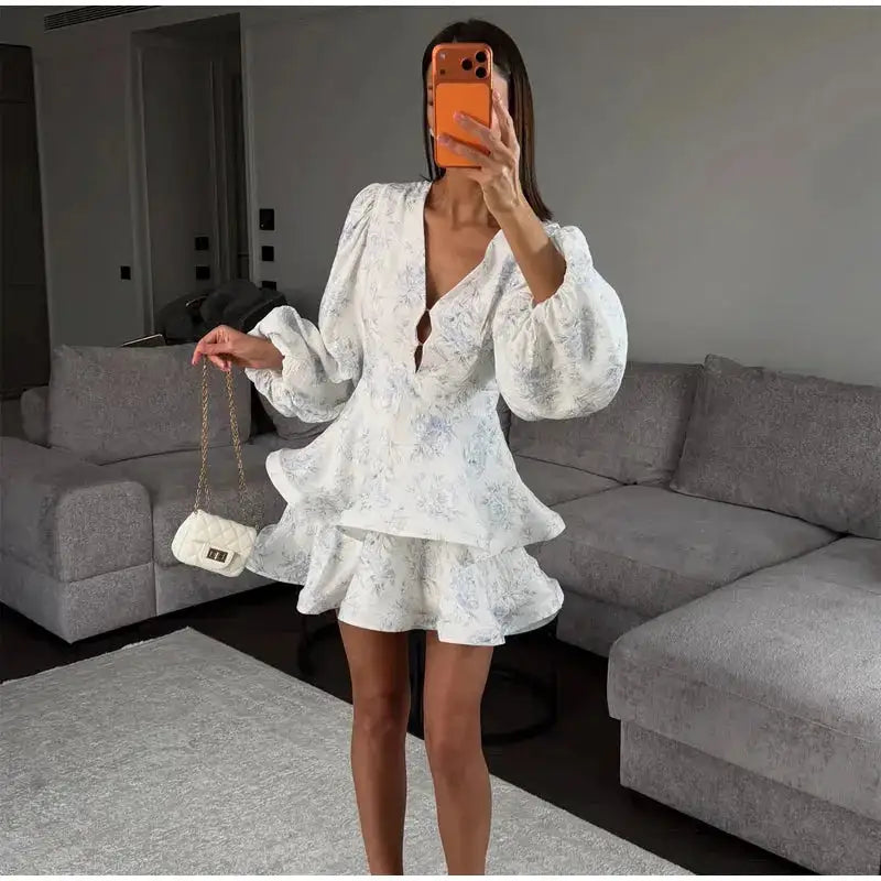 Elegant Floral Printed Waist-cinched Mini Dress Women Pleated Deep V-neck Long Sleeve Button-front Dresses Fashion Party Robe by Dropshipman