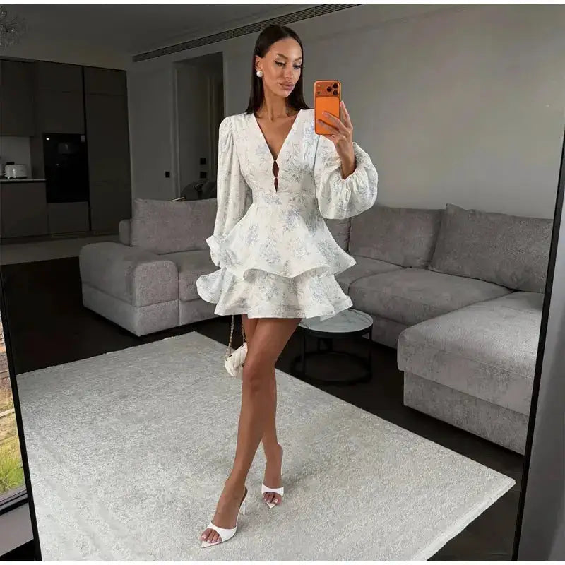Elegant Floral Printed Waist-cinched Mini Dress Women Pleated Deep V-neck Long Sleeve Button-front Dresses Fashion Party Robe by Dropshipman
