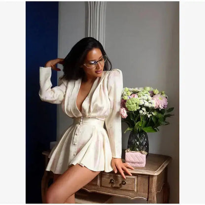 Elegant Floral Printed Waist-cinched Mini Dress Women Pleated Deep V-neck Long Sleeve Button-front Dresses Fashion Party Robe by Dropshipman