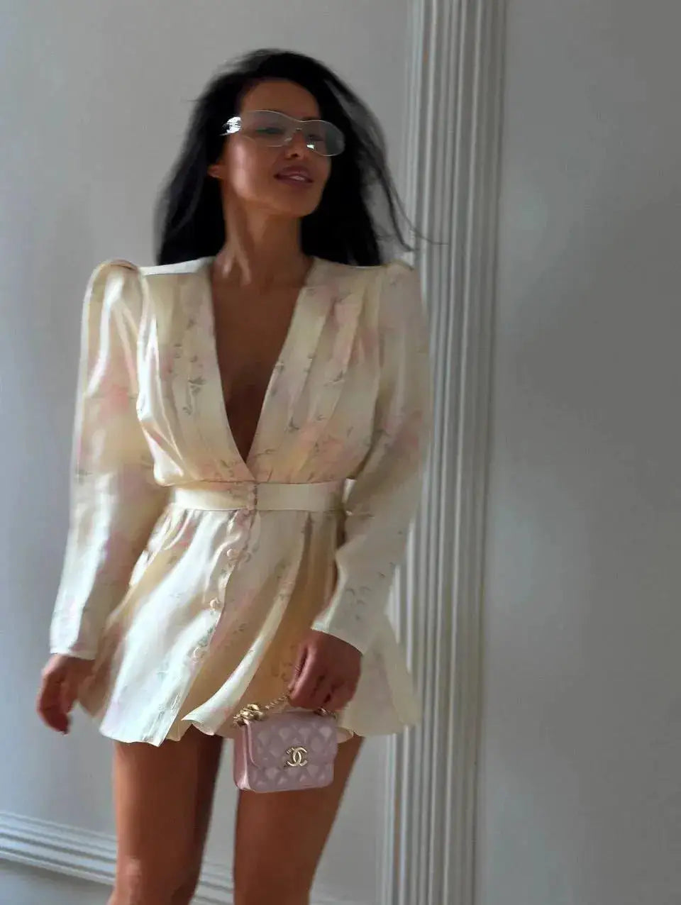 Elegant Floral Printed Waist-cinched Mini Dress Women Pleated Deep V-neck Long Sleeve Button-front Dresses Fashion Party Robe by Dropshipman