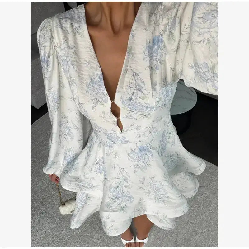 Elegant Floral Printed Waist-cinched Mini Dress Women Pleated Deep V-neck Long Sleeve Button-front Dresses Fashion Party Robe by Dropshipman