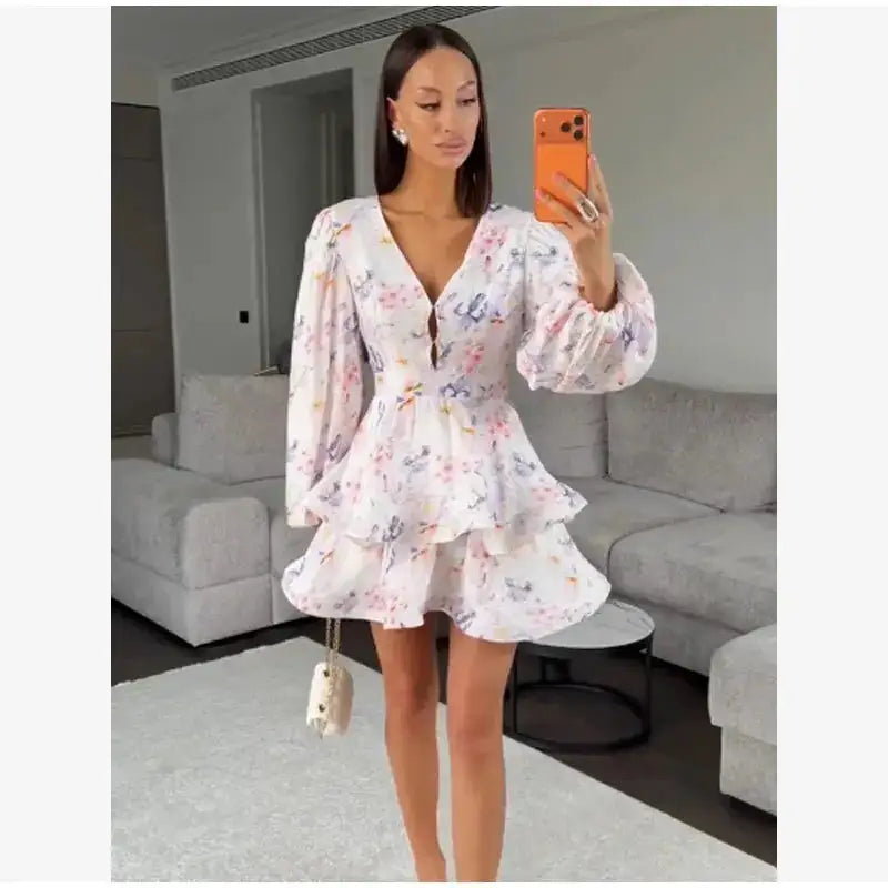 Elegant Floral Printed Waist-cinched Mini Dress Women Pleated Deep V-neck Long Sleeve Button-front Dresses Fashion Party Robe by Dropshipman