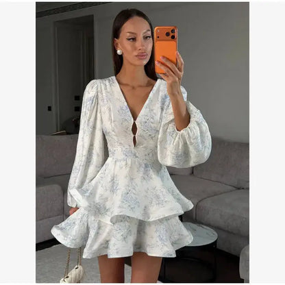Elegant Floral Printed Waist-cinched Mini Dress Women Pleated Deep V-neck Long Sleeve Button-front Dresses Fashion Party Robe by Dropshipman
