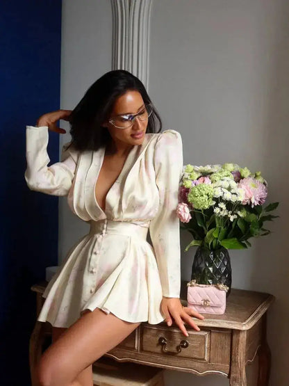 Elegant Floral Printed Waist-cinched Mini Dress Women Pleated Deep V-neck Long Sleeve Button-front Dresses Fashion Party Robe by Dropshipman