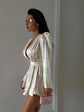 Elegant Floral Printed Waist-cinched Mini Dress Women Pleated Deep V-neck Long Sleeve Button-front Dresses Fashion Party Robe SHOPEZRA L.L.C.