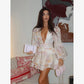Elegant Floral Printed Waist-cinched Mini Dress Women Pleated Deep V-neck Long Sleeve Button-front Dresses Fashion Party Robe SHOPEZRA L.L.C.