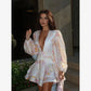 Elegant Floral Printed Waist-cinched Mini Dress Women Pleated Deep V-neck Long Sleeve Button-front Dresses Fashion Party Robe SHOPEZRA L.L.C.