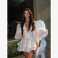Elegant Floral Printed Waist-cinched Mini Dress Women Pleated Deep V-neck Long Sleeve Button-front Dresses Fashion Party Robe SHOPEZRA L.L.C.