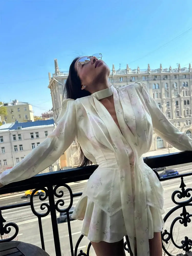 Elegant Floral Printed Waist-cinched Mini Dress Women Pleated Deep V-neck Long Sleeve Button-front Dresses Fashion Party Robe SHOPEZRA L.L.C.