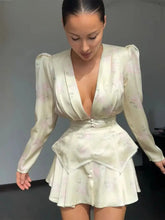 Elegant Floral Printed Waist-cinched Mini Dress Women Pleated Deep V-neck Long Sleeve Button-front Dresses Fashion Party Robe SHOPEZRA L.L.C.