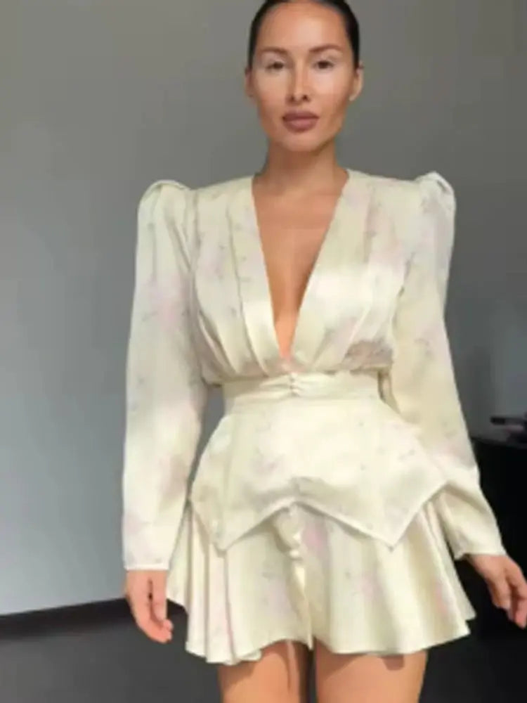 Elegant Floral Printed Waist-cinched Mini Dress Women Pleated Deep V-neck Long Sleeve Button-front Dresses Fashion Party Robe SHOPEZRA L.L.C.