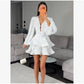 Elegant Floral Printed Waist-cinched Mini Dress Women Pleated Deep V-neck Long Sleeve Button-front Dresses Fashion Party Robe SHOPEZRA L.L.C.