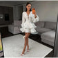 Elegant Floral Printed Waist-cinched Mini Dress Women Pleated Deep V-neck Long Sleeve Button-front Dresses Fashion Party Robe SHOPEZRA L.L.C.