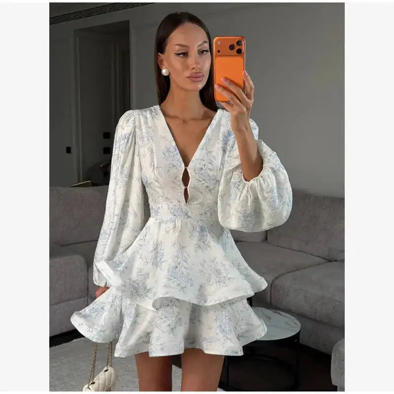 Elegant Floral Printed Waist-cinched Mini Dress Women Pleated Deep V-neck Long Sleeve Button-front Dresses Fashion Party Robe by Dropshipman