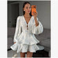 Elegant Floral Printed Waist-cinched Mini Dress Women Pleated Deep V-neck Long Sleeve Button-front Dresses Fashion Party Robe SHOPEZRA L.L.C.