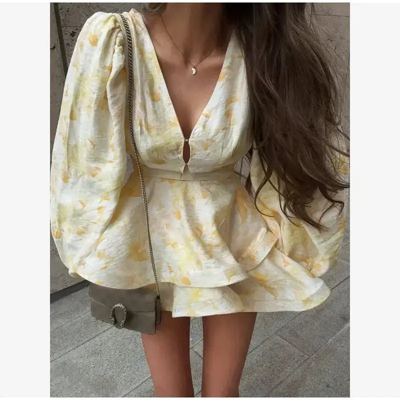 Elegant Floral Printed Waist-cinched Mini Dress Women Pleated Deep V-neck Long Sleeve Button-front Dresses Fashion Party Robe by Dropshipman