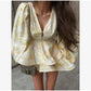 Elegant Floral Printed Waist-cinched Mini Dress Women Pleated Deep V-neck Long Sleeve Button-front Dresses Fashion Party Robe SHOPEZRA L.L.C.