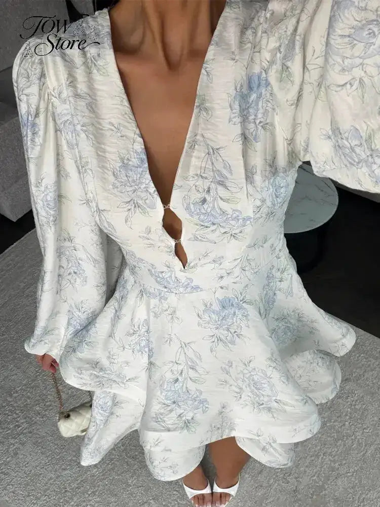 Elegant Floral Printed Waist-cinched Mini Dress Women Pleated Deep V-neck Long Sleeve Button-front Dresses Fashion Party Robe by Dropshipman