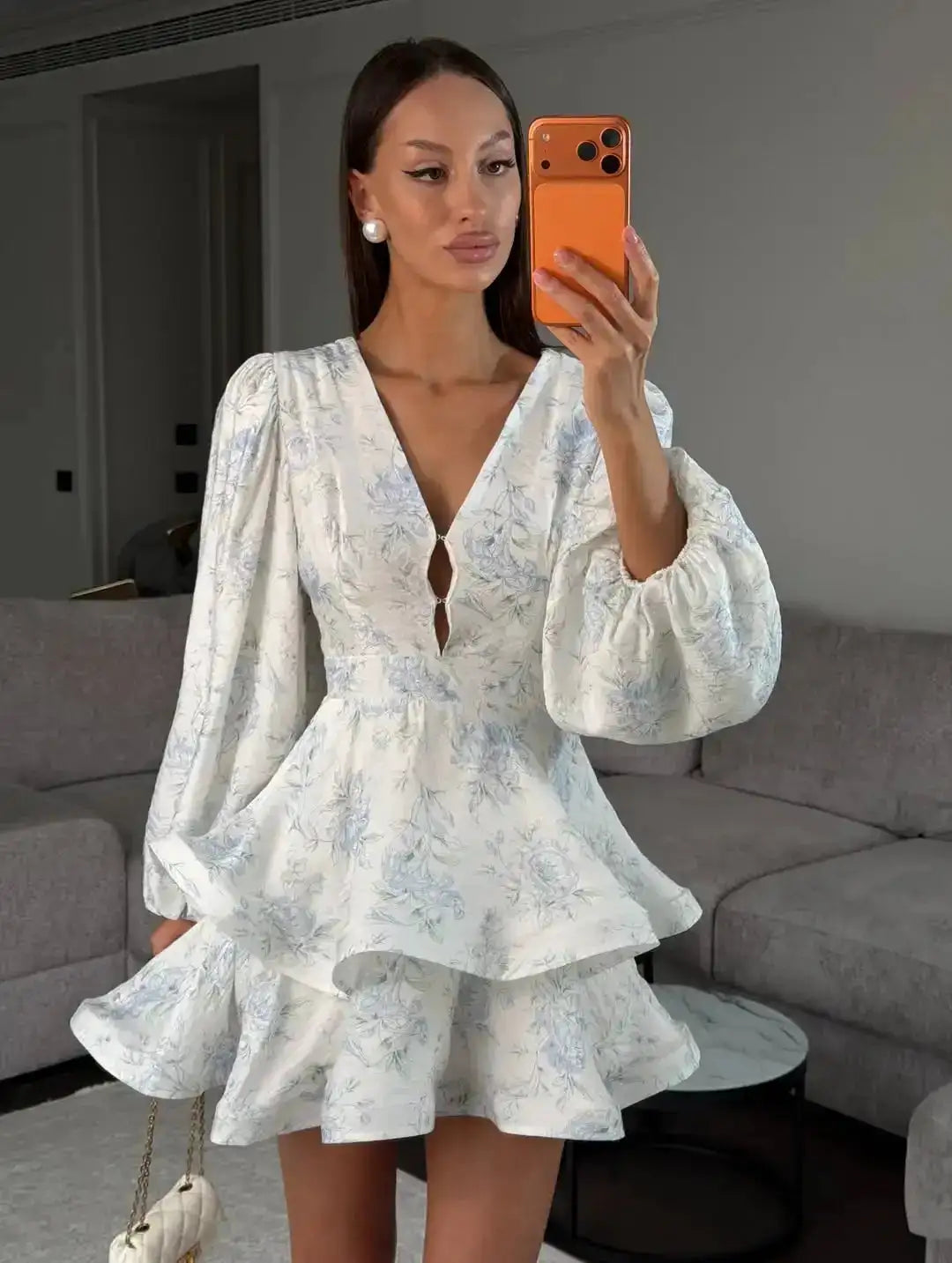 Elegant Floral Printed Waist-cinched Mini Dress Women Pleated Deep V-neck Long Sleeve Button-front Dresses Fashion Party Robe by Dropshipman