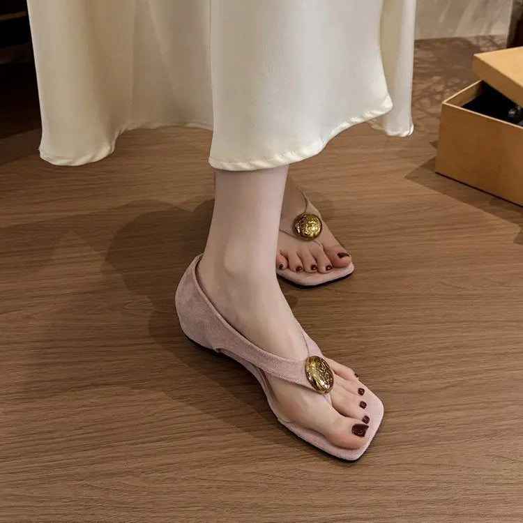 Purple French-style height-increasing thong sandals for women, summer fairy style outdoor flip-flops with shallow design.