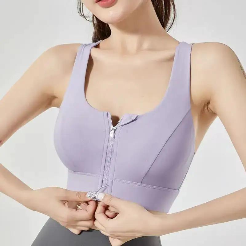 Purple SHOPEZRA L.L.C. one-piece zipper sports underwear with shockproof yoga vest and running fitness bra for women
