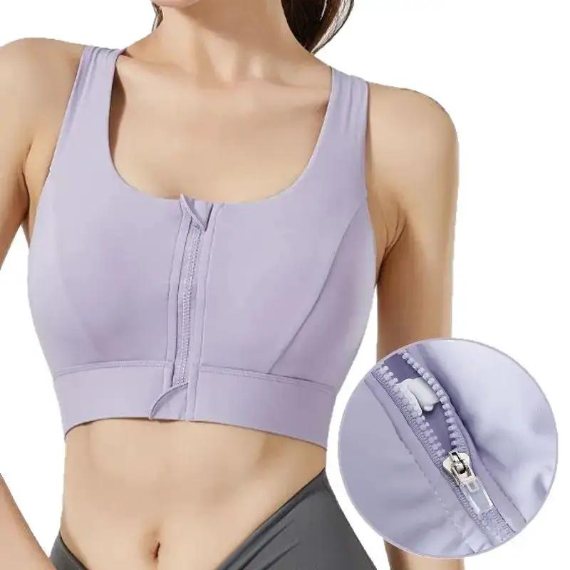 Purple SHOPEZRA L.L.C. one-piece zipper sports underwear and yoga vest with shockproof bra for running and fitness activities.