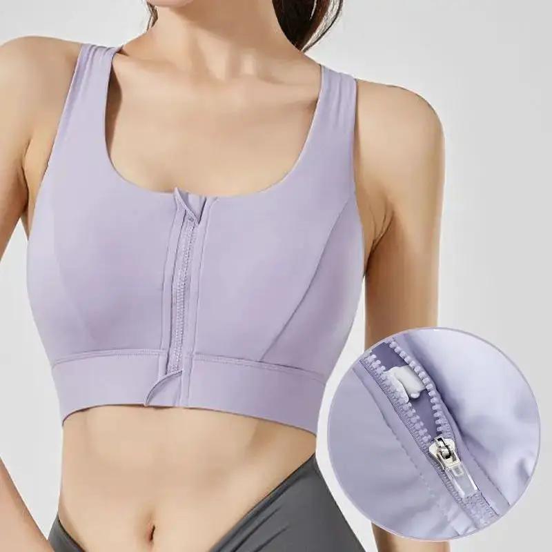 Purple one-piece zipper sports underwear and yoga vest for women, shockproof running fitness bra with shock-absorbing features.