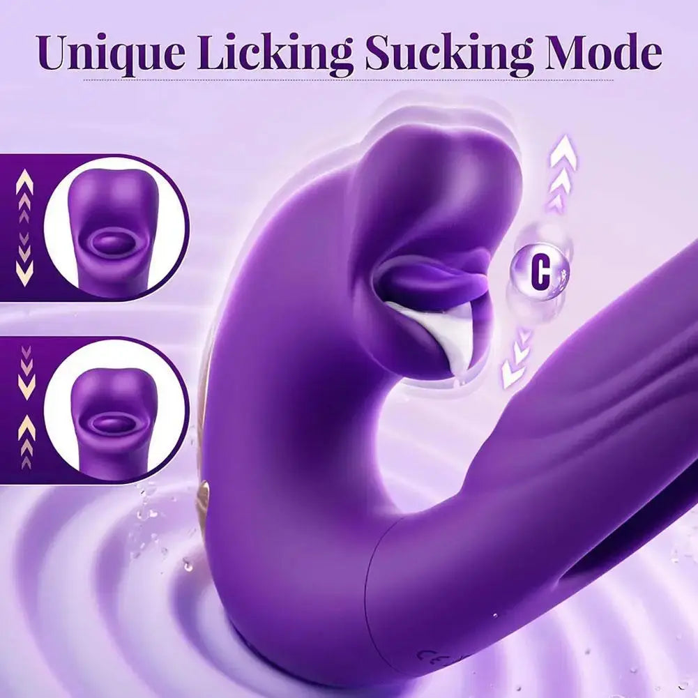 Purple SHOPEZRA L.L.C. dildo vibrator for women with tongue licking, tapping, flapping G-spot stimulation, waterproof, multi-frequency vibrations.